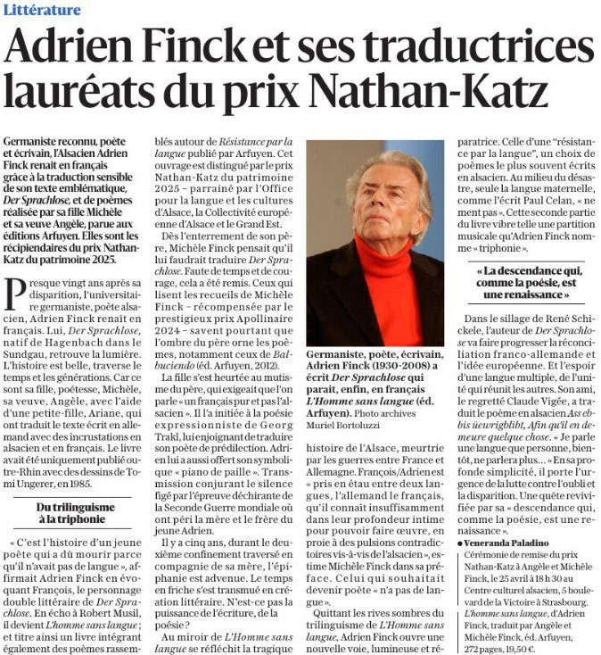 Adrien Finck et ses traductrices lauréats du prix Nathan-Katz - L'Alsace du 20 avril 2025