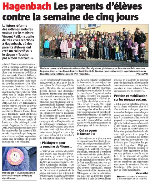 Les parents d’élèves contre la semaine de cinq jours - L'Alsace du 22/11/2012 Les parents d’élèves contre la semaine de cinq jours - L'Alsace du 22/11/2012